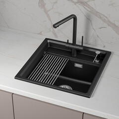 Мойка для кухни Granula Kitchen Space 50х51х24,5 см с ролл-матом и дозатором кварц Щварц (5002i, ШВАРЦ) - фото 3