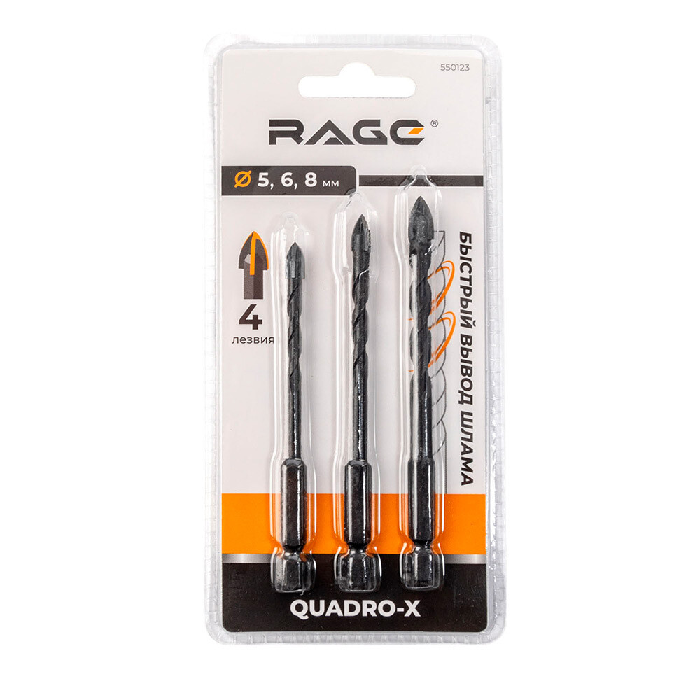 Изображение товара Набор сверл по плитке и стеклу Rage Quadro-X 5-8 мм (3 шт.) (550123) Изображение товара Набор сверл по плитке и стеклу Rage Quadro-X 5-8 мм (3 шт.) (550123)