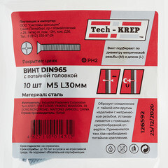 Винт оцинкованный M5x30 мм DIN 965 потайная головка (10 шт.) - фото 2