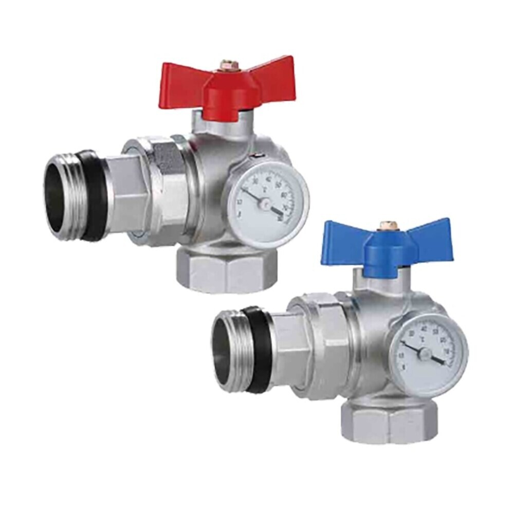 Изображение товара Кран шаровой латунный Kromwell 1 ВР (г) х 1 НР (ш) проходной бабочка с термометром угловой (2 шт.) (KW.6036S)