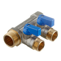 Изображение товара Коллектор Stout 3/4 ВР(г) х 2 выхода 1/2 НР(ш) х 3/4 НР(ш) с шаровыми кранами (SMB 6211 341202)