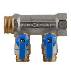 Коллектор Stout 3/4 ВР(г) х 2 выхода 1/2 НР(ш) х 3/4 НР(ш) с шаровыми кранами (SMB 6211 341202) - фото 4