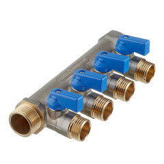 Коллектор Stout 3/4 ВР(г) х 4 выхода 1/2 НР(ш) ЕК х 3/4 НР(ш) с шаровыми кранами (SMB 6211 341204) - фото 1