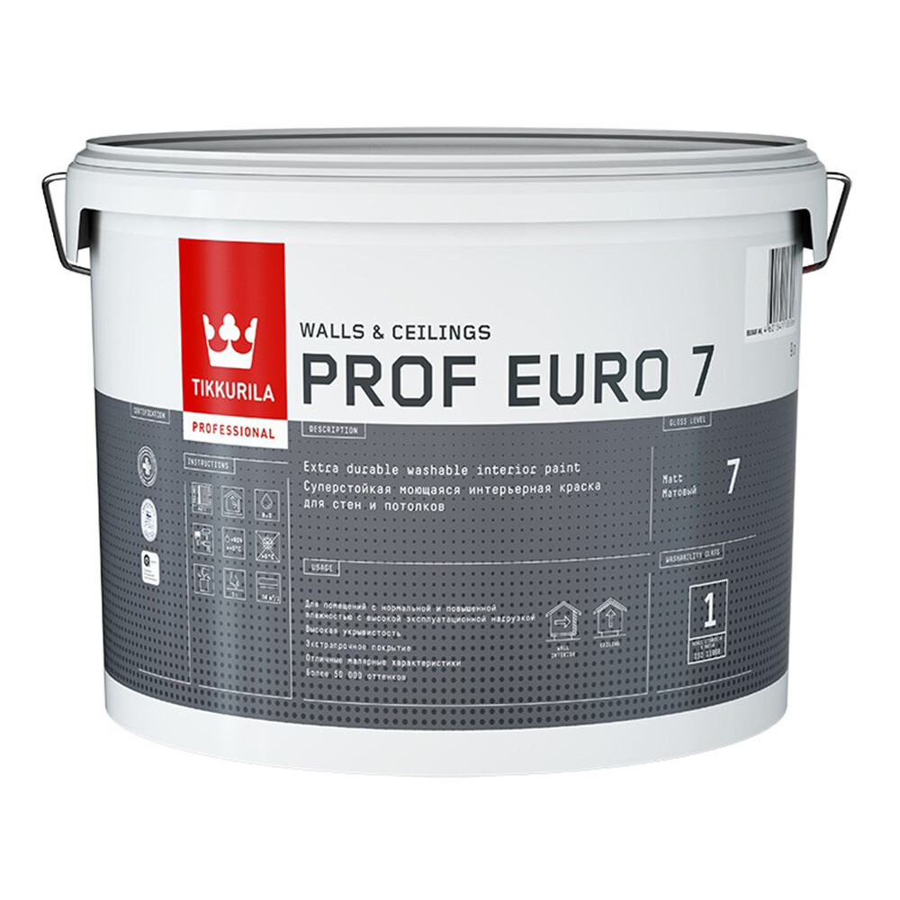 Изображение товара Краска моющаяся Tikkurila Prof Euro 7 базовая C 9 л | Водоразбавляемая для влажных помещений