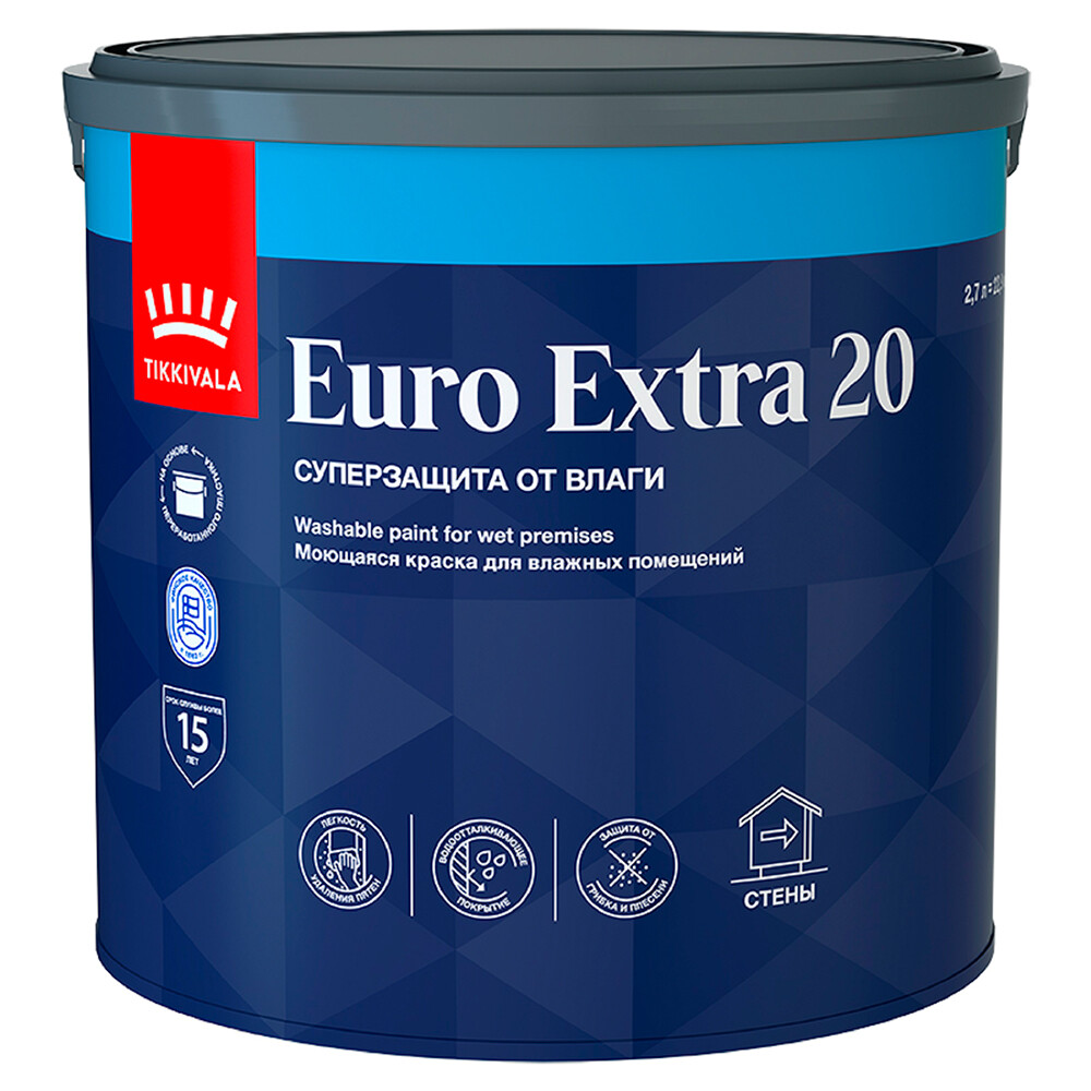 Изображение товара Моющаяся акриловая краска Tikkurila Tikkivala Euro Extra 20 база C 2,7 л