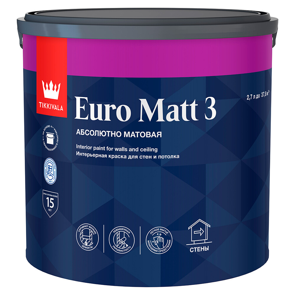 Изображение товара Интерьерная краска Tikkurila Tikkivala Euro Matt 3 глубокоматовая 2,7 л