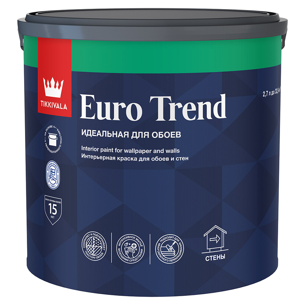 Изображение товара Краска моющаяся Tikkurila Euro Trend база A белая 2, 7 л - водорастворимая внутренняя краска для сте
