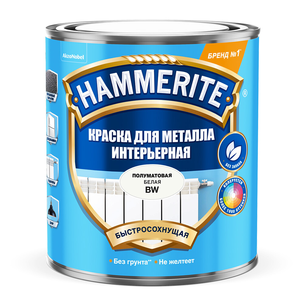Изображение товара Интерьерная краска по металлу Hammerite BW белая 0,9 л полуматовая