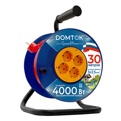 Удлинитель 4 розетки Domtok с заземлением 30 м 16 А 220 В на катушке 4 кВт ПВС 3х2,5 кв.мм IP20 (2462)