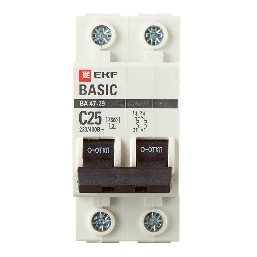 Изображение товара Автоматический выключатель модульный EKF Basic ВА 47-29 2P 25А тип C 4,5 кА 230 В (mcb4729-2-25C)