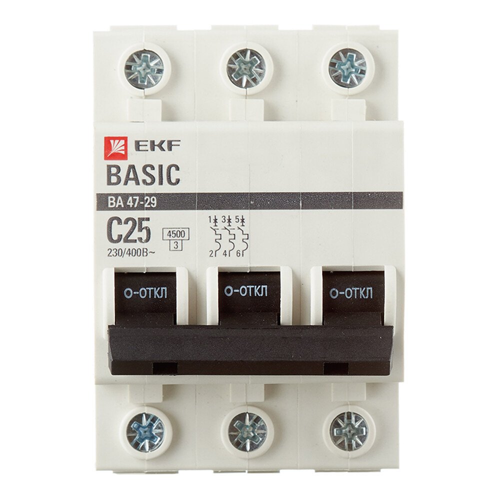Изображение товара Автоматический выключатель модульный EKF Basic ВА 47-29 3P 25А тип C 4,5 кА 400 В (mcb4729-3-25C)