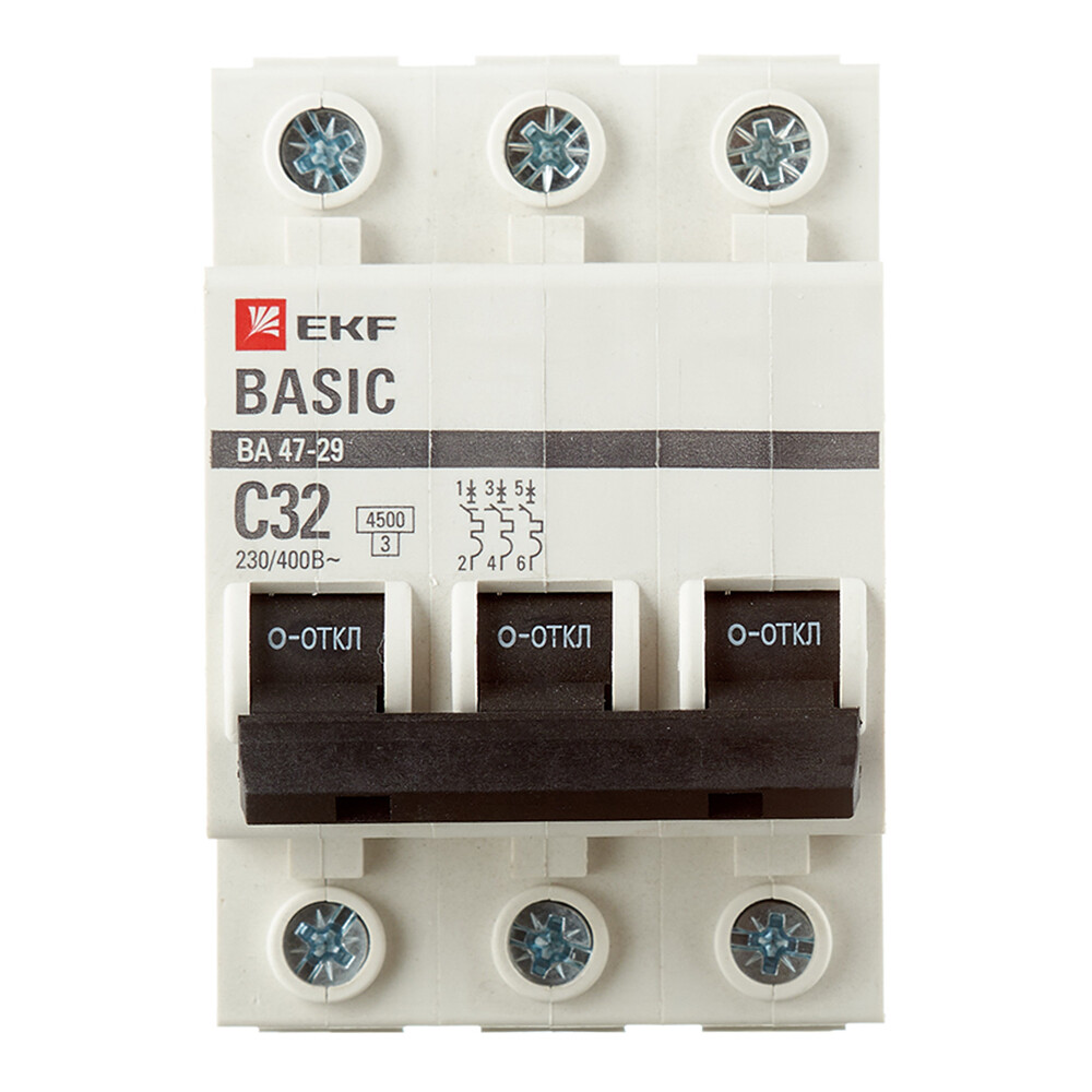 Изображение товара Автоматический выключатель модульный EKF Basic ВА 47-29 3P 32А тип C 4,5 кА 400 В (mcb4729-3-32C)