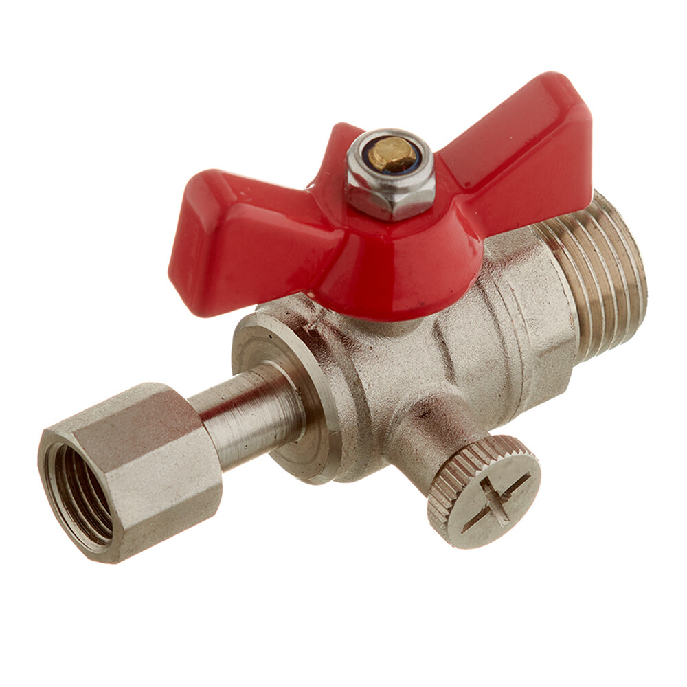 Изображение товара Кран шаровой латунный Valtec 1/2 НР(ш) х 1/4 ВР(г) для подключения манометра проходной бабочка прямой (VT.806.N.0402)