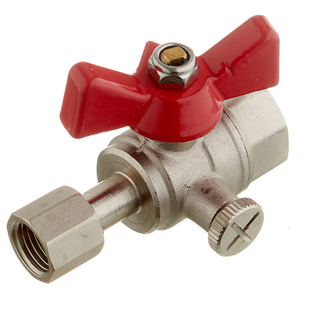 Изображение товара Кран шаровой латунный Valtec 1/2 ВР(ш) х 1/4 ВР(г) для подключения манометра проходной бабочка прямой (VT.807.N.0402)