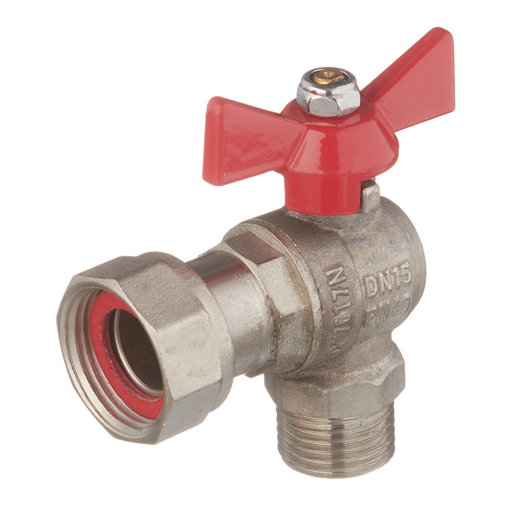 Изображение товара Кран шаровой латунный Valtec Base 3/4 ВР(г) х 1/2 НР(ш) бабочка с накидной гайкой угловой (VT.267.N.0405)
