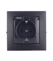 Розетка Simon 15 встраиваемая графит со шторками с крышкой (1590450-038) - фото 1