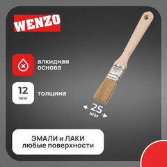 Кисть плоская натуральная щетина деревянная ручка Wenzo Wood 25х12 мм для эмалей и лаков на алкидной основе